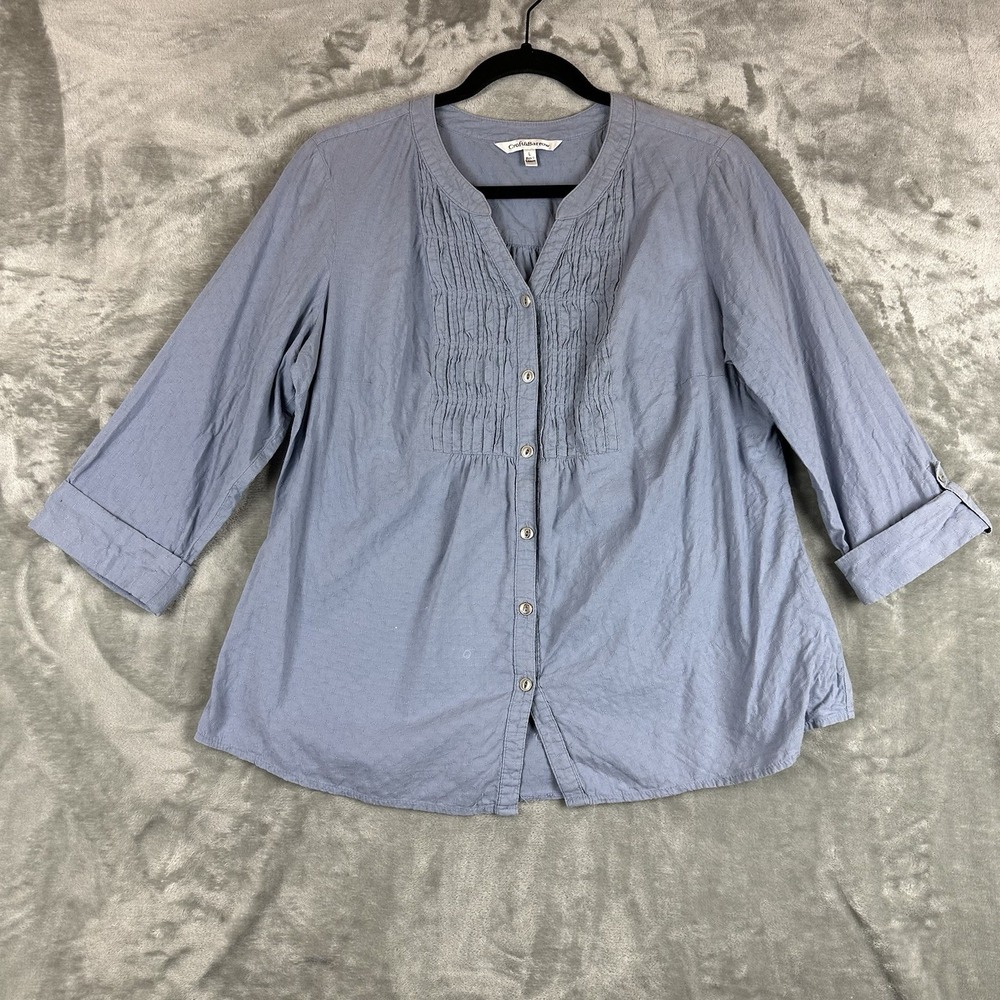 Croft & Barrow Blouse Women's L Blue Button Front 3/4 Tacked Sleeves Pintucked
